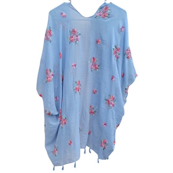 David and Young Blue Floral Embroidered Shawl Kimono Swim cover up Women's OS - Picture 3 of 6